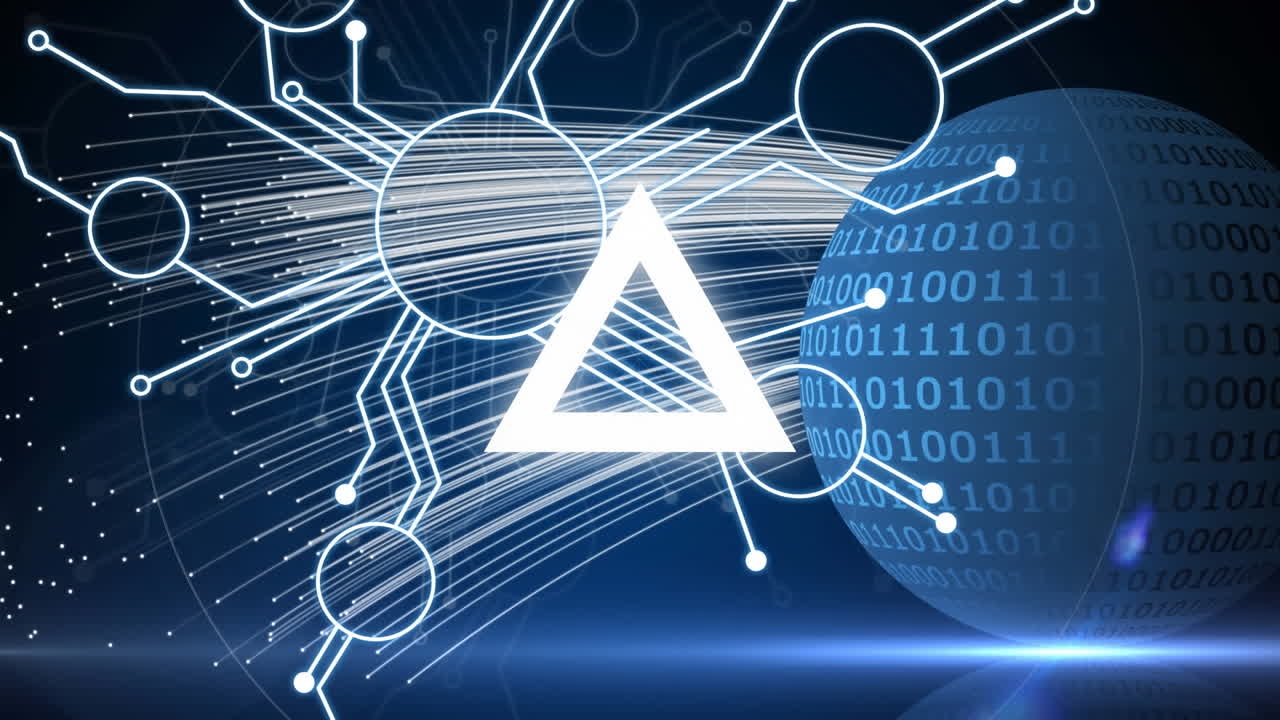 파란색 배경 위에 박동하는 삼각형으로 연결 네트워크의 애니메이션