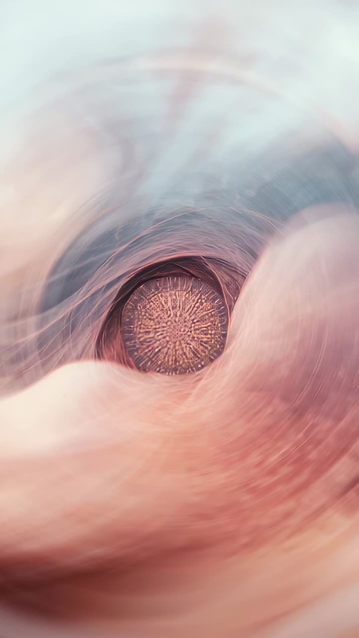 Vertical video: Shifting fibers revealing central radial disc in tubular passage, pastel swirls