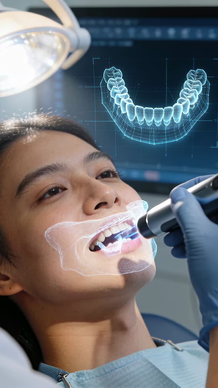 Vertical video: Bringing wand, dentist scanning patient mouth at clinic for 3D model, with blue bib