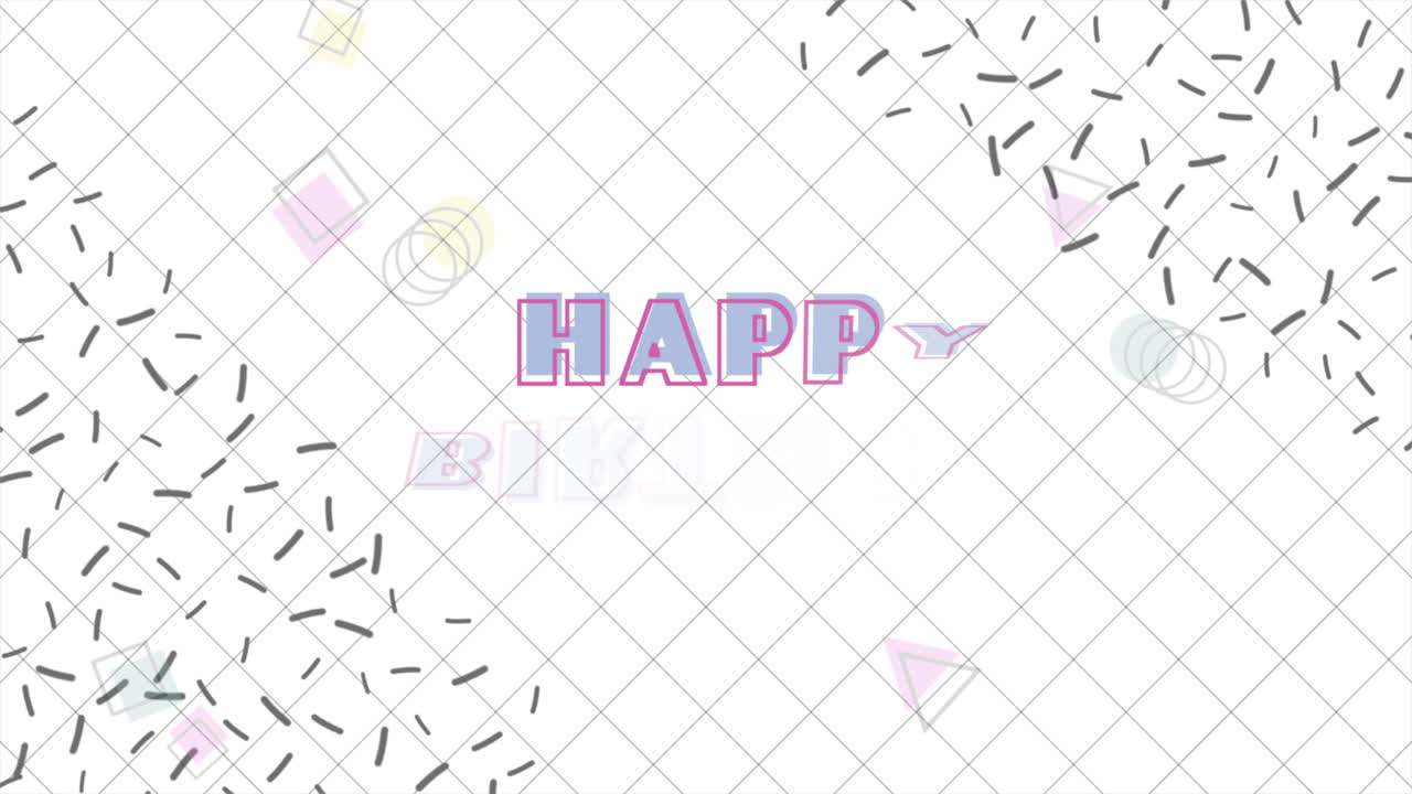 색 배경에 콘페티와 함께 다채로운 기하학적 생일 축하