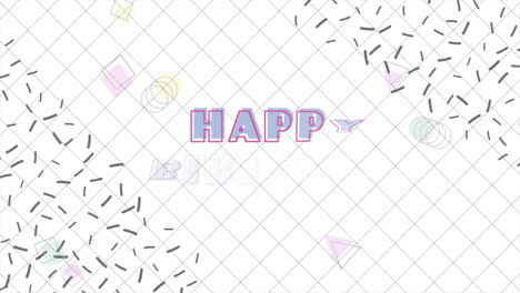 colorful geometric birthday greeting with confetti on white background