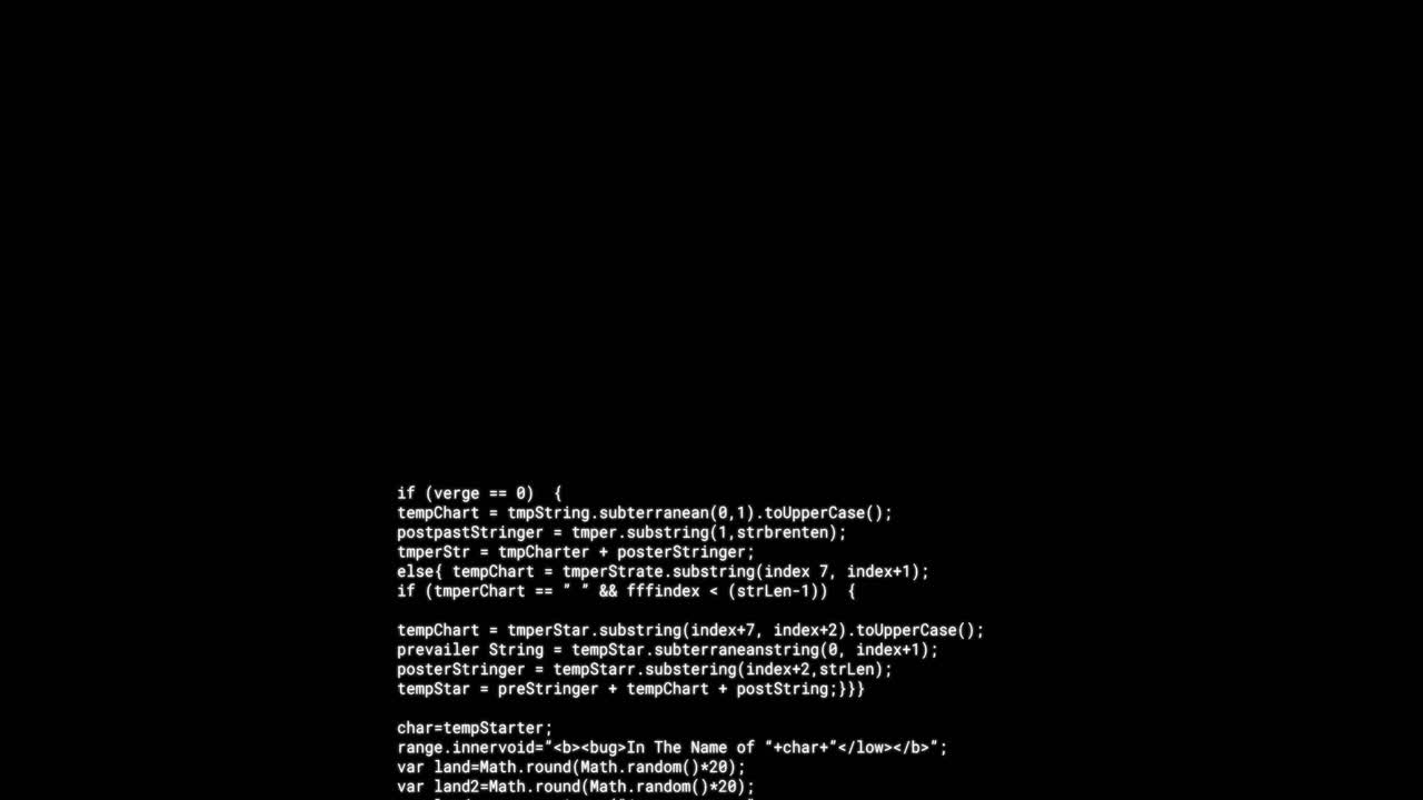 Animation of text data scrolling and glitching on black background
