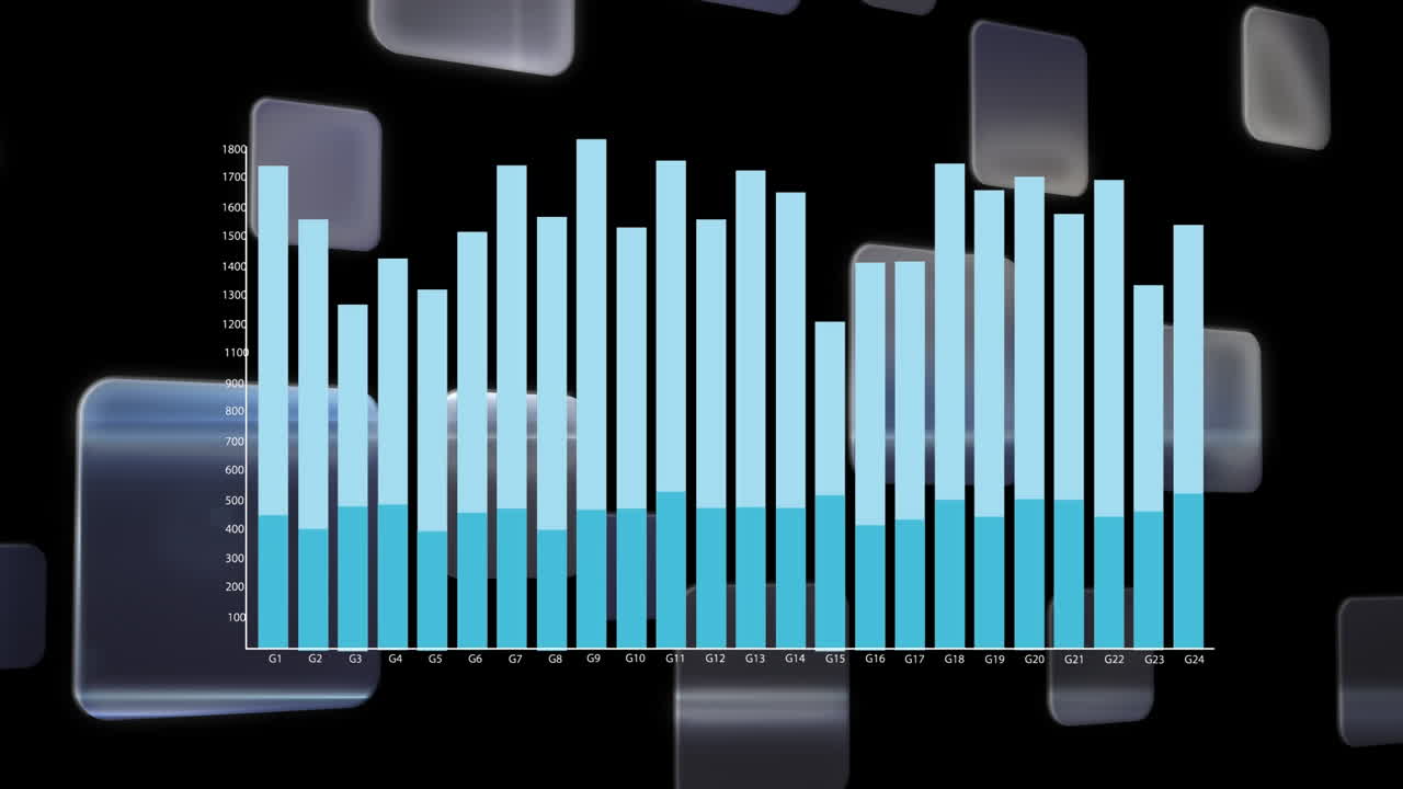 animación de gráficos financieros y datos diversos en fondo negro
