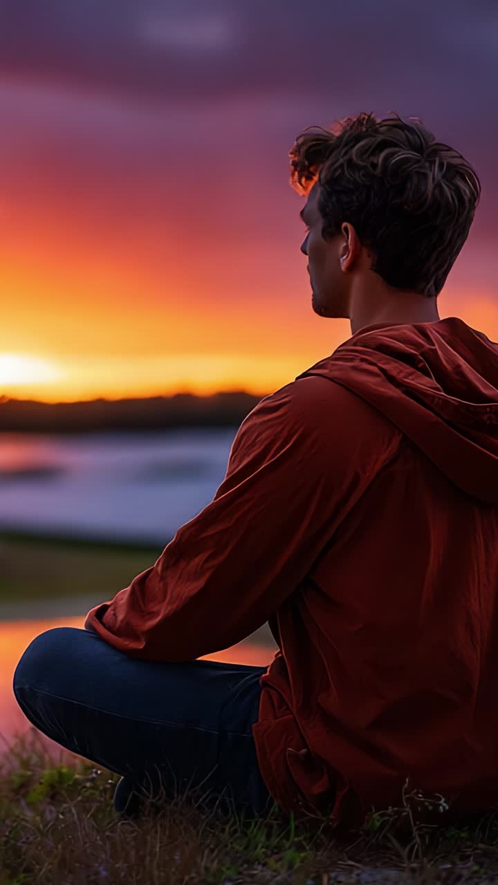 Riflesso sereno del tramonto: un giovane assorto nei suoi pensieri si gode i colori vivaci di un crepuscolo pacifico con vista su un tranquillo paesaggio acquatico