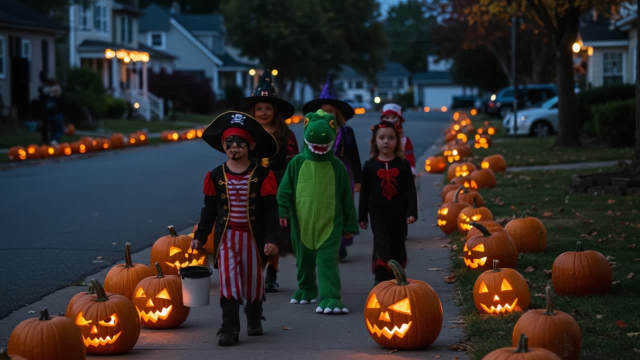 Children in Halloween Costumes Walking Past a Row of Jack-O'-Lanterns on a Festive Street During Nighttime Fall Celebrations