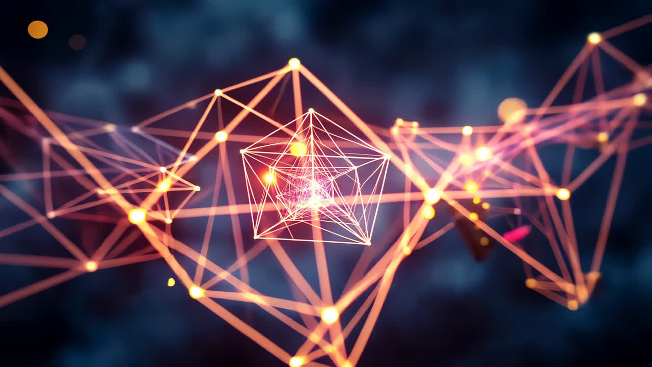 Drifting glowing nodes forging wireframe mesh in void, pulsing and zooming into icosahedron