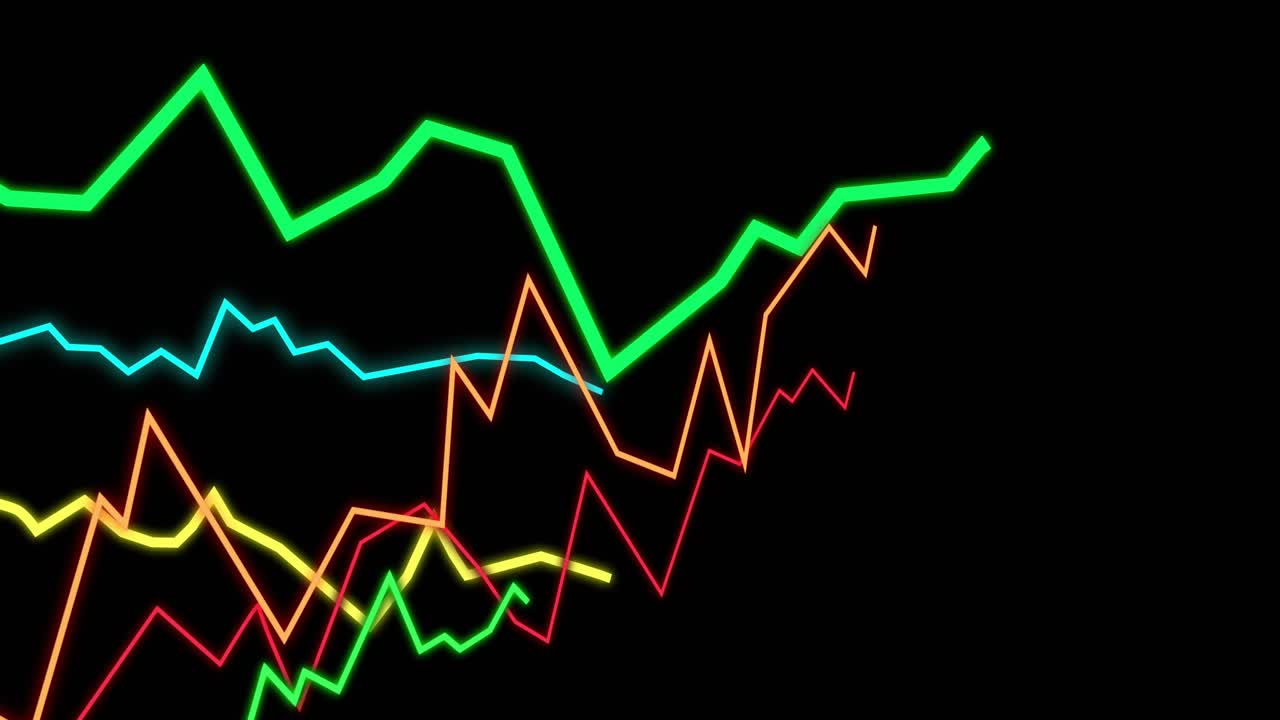 Neon sparking lowerleft starting jagged lines growing, waving, spiking, settling, mapping trend