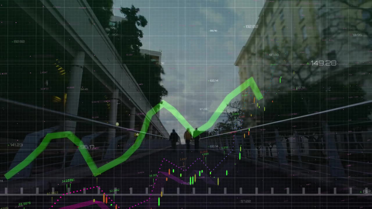 animación del procesamiento de datos financieros sobre el paisaje urbano