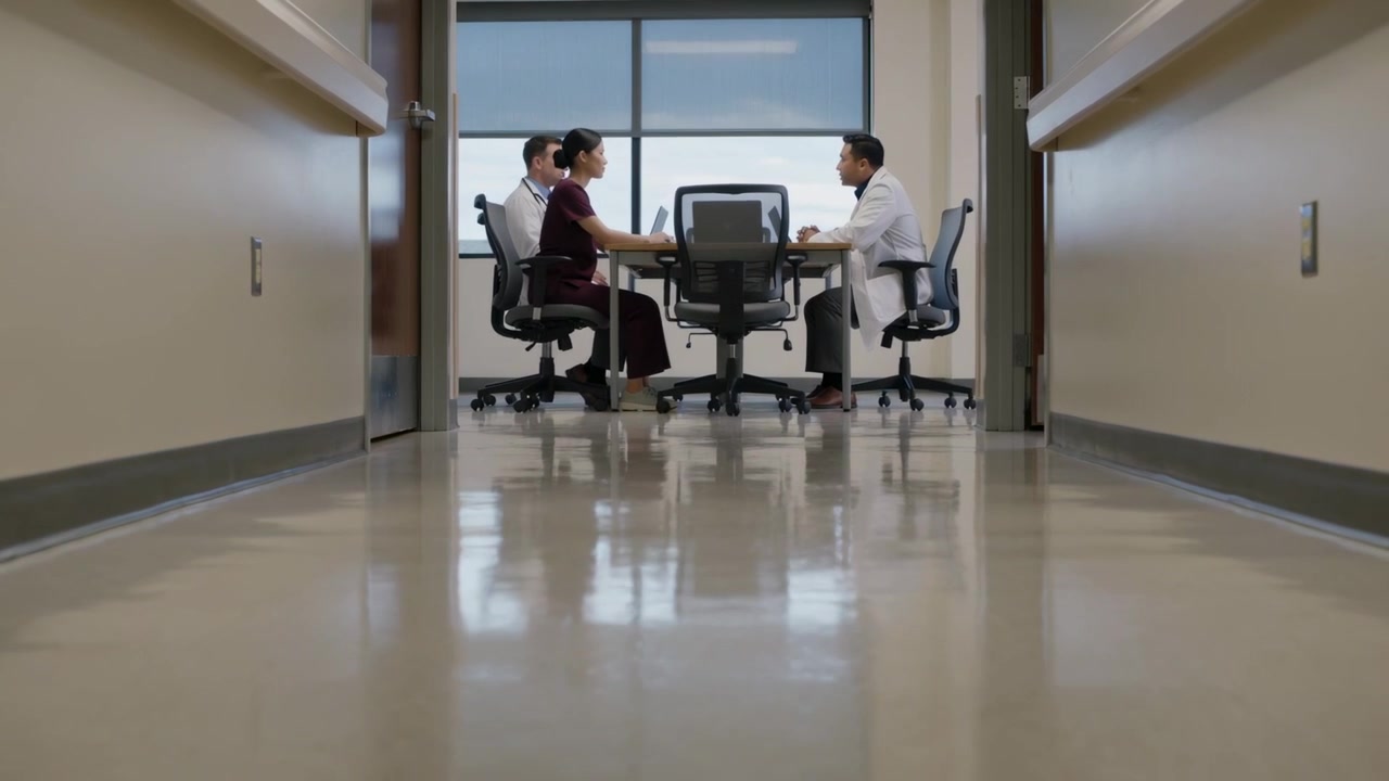 Médico de jaleco, enfermeira de bordô e colega conversando em corredor de hospital, à mesa.