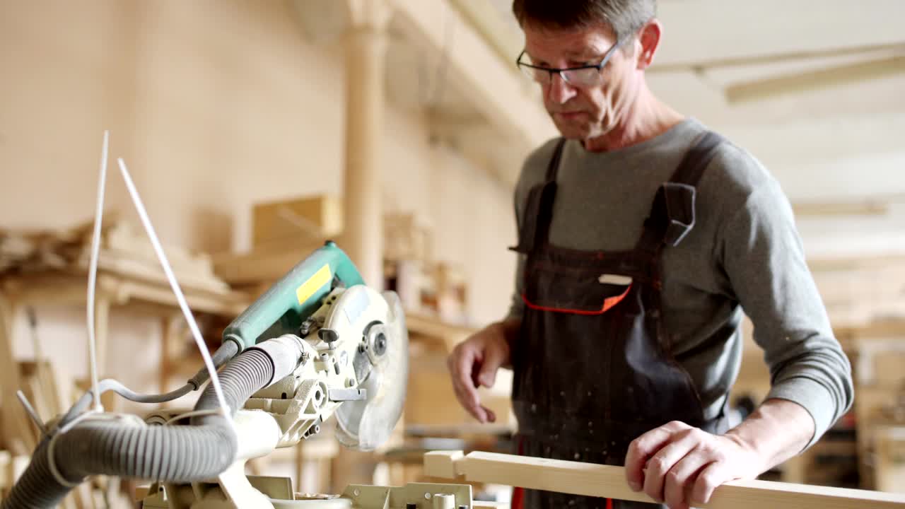 carpintero maduro examinando tablas de madera y haciendo cortes en ellas con una sierra circular eléctrica