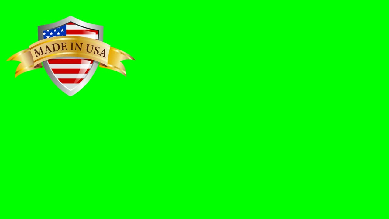 Fremstillet i USA, skjold med flag og bånd med tekst. Chroma key med plads til tekst. 2D-animation. Klipoptagelse 4k til Gif.