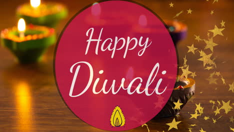 animation of happy diwali text on red circle, with golden stars, over lit candles on table