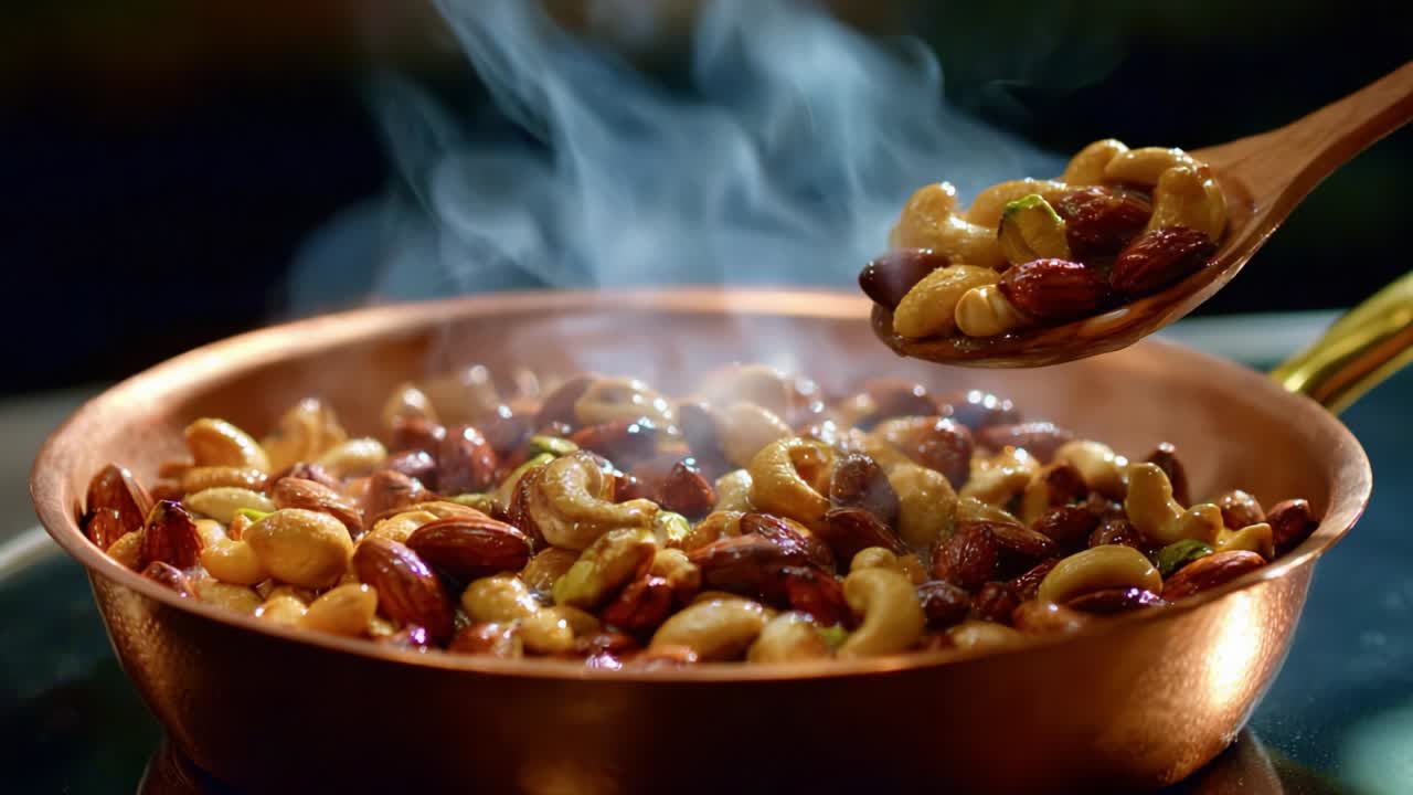 A close-up view of a beautifully crafted copper pan filled with an assortment of roasted nuts, showcasing steam rising as someone elegantly adds more nuts with a wooden spoon, capturing the essence of culinary art