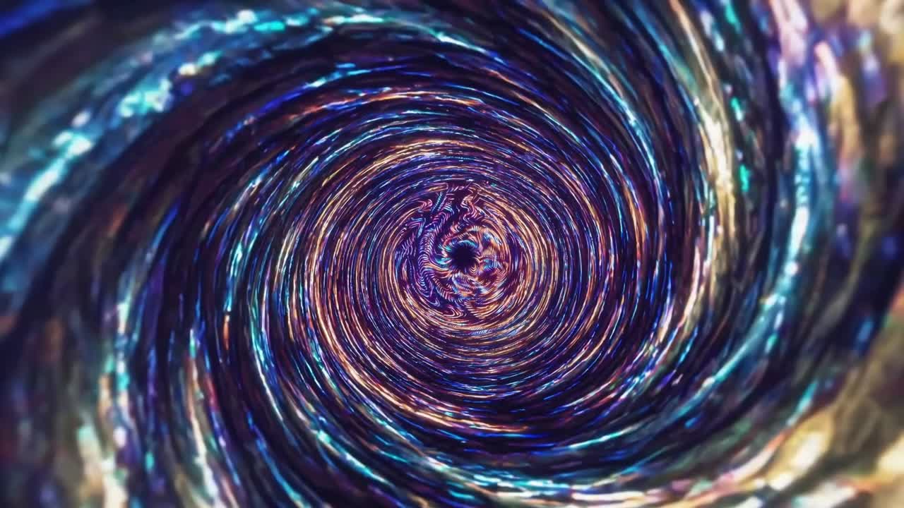 Spiraling vortex of vibrant colors and dynamic light patterns creates a mesmerizing visual experience, illustrating continuous motion and depth in a captivating scene