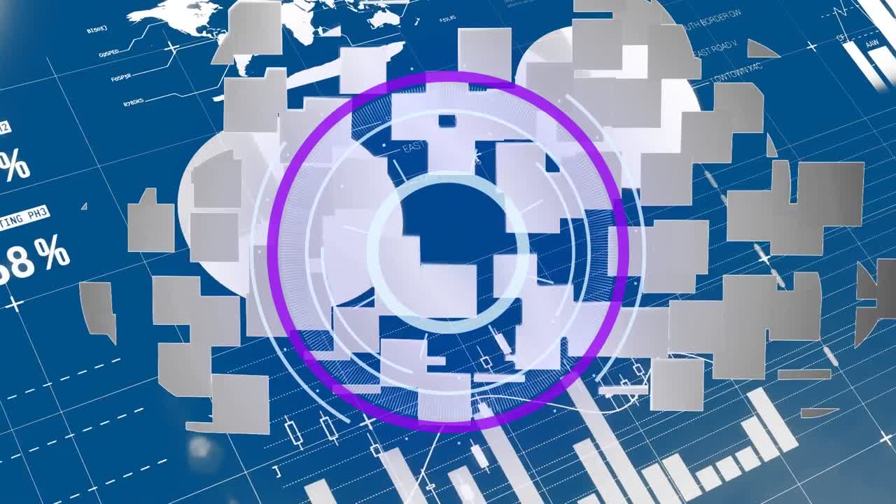 animación del escaneo del alcance sobre el icono de la nube y el procesamiento de datos sobre fondo azul