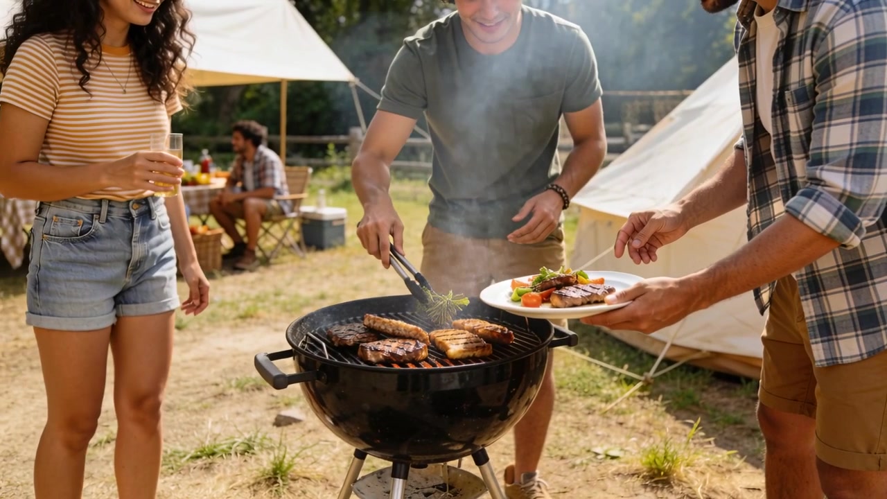 Fumo che sale, grigliatore in maglietta verde che usa le pinze, girando la carne sulla griglia da campo, impiattando per gli amici.