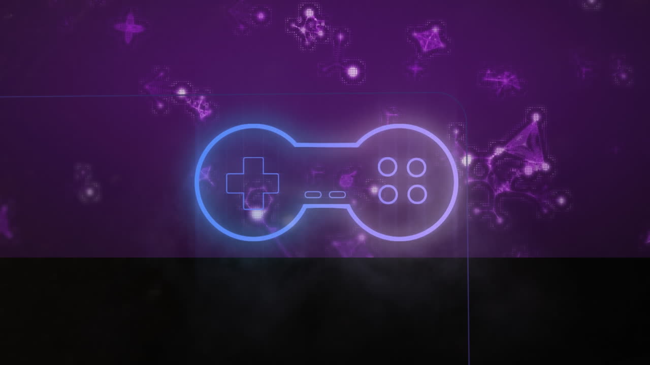 보라색 배경에 반이는 비디오 게임과 분자의 애니메이션.