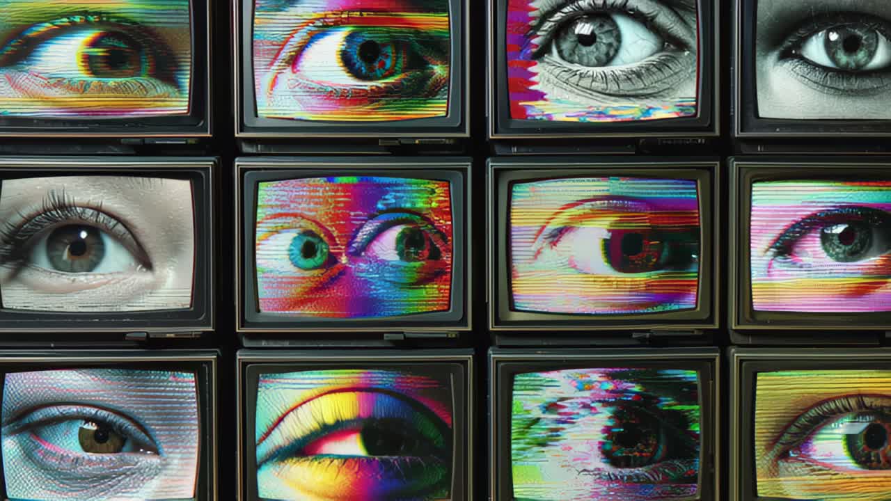 Wall of retro CRT televisions showing close-up human eyes with colorful glitch and static. Concept of surveillance, privacy, monitoring, media control, and technology