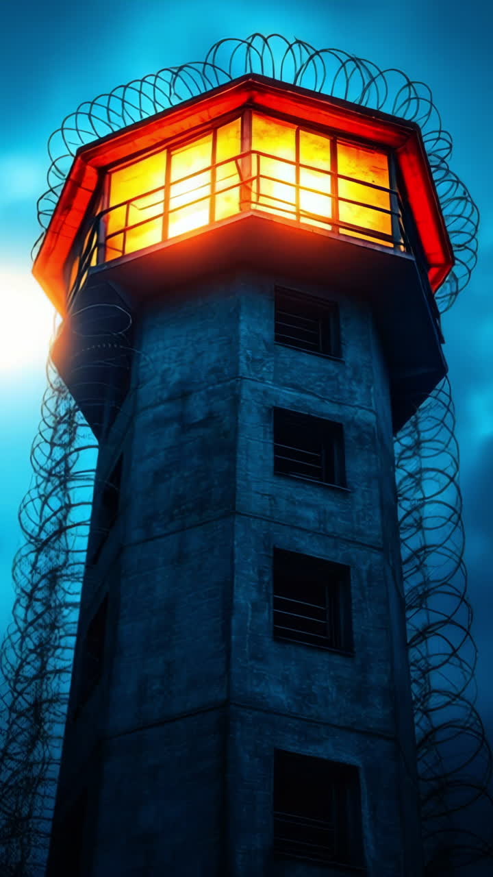 Lighthouse illuminating a dark landscape. A tall lighthouse glows against a stormy sky, surrounded by barbed wire cutting through the darkness.