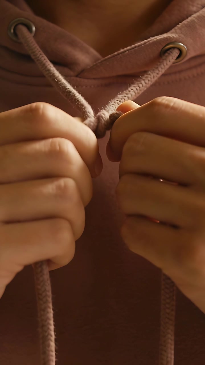 Video verticale: Mani di una persona che legano i cordini sul petto per stringere la vestibilità di una felpa rosa antico.