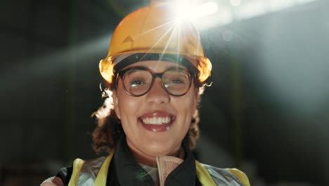 face, engineer and woman in helmet at warehouse