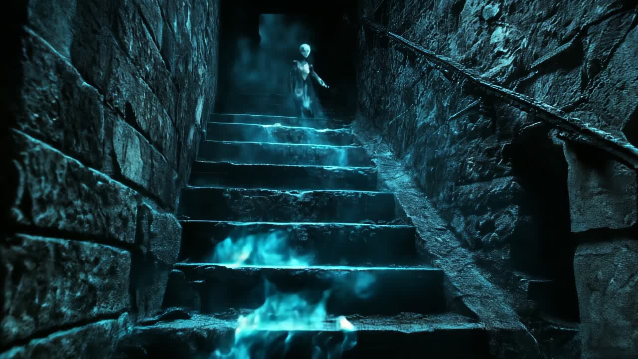 Ghost Walking Down Dark Stone Stairs