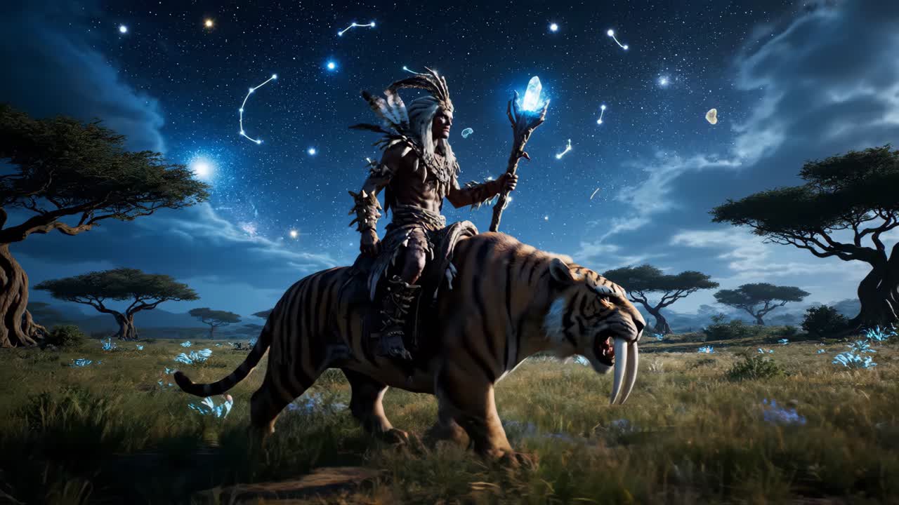 Shaman Riding a Tiger Under Constellations