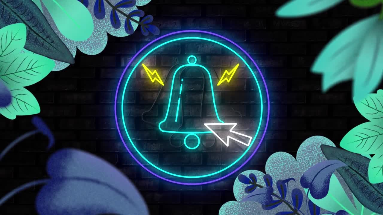 잎이 있는 검은 바탕 위에 종 아이콘이 있는 네온 원의 애니메이션