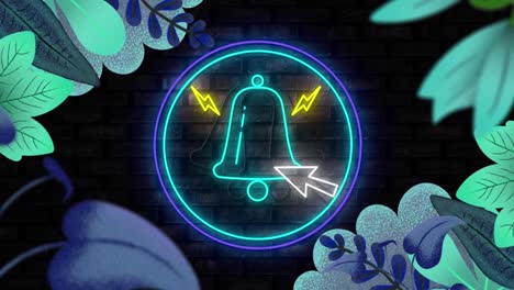 animation of neon circle with bell icon over black background with leaves
