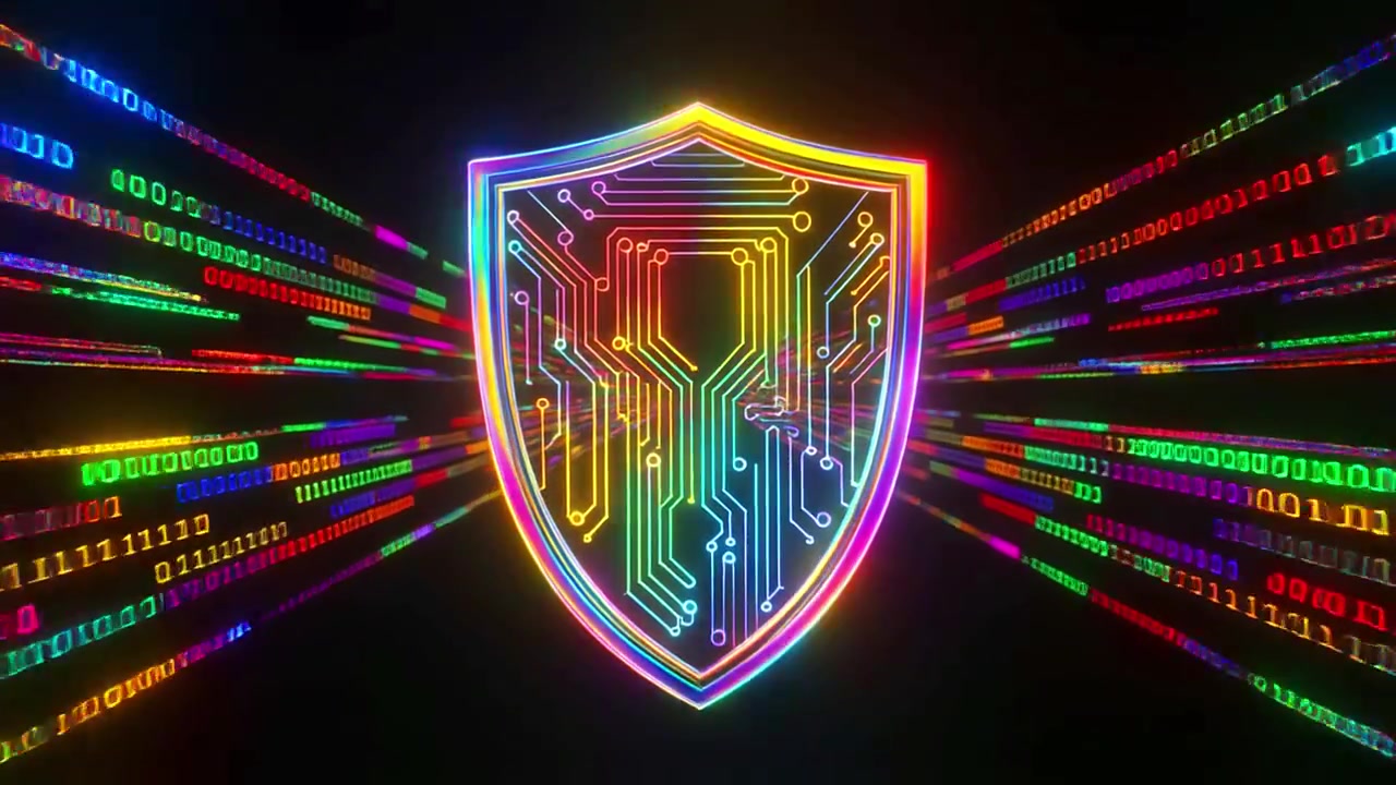 Colorful Neon Shield with Streaming Binary Code for Digital Security