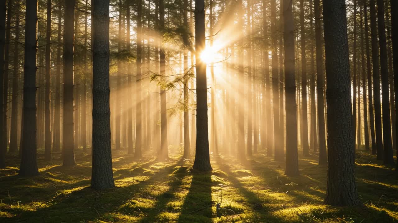A Breathtaking Sunrise Illuminating a Tranquil Forest, Rays of Light Piercing Through Tall Trees, Creating a Magical Atmosphere of Serenity and Wonder