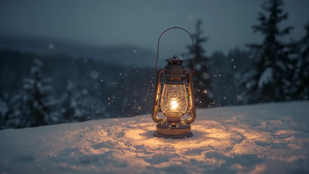 Dusk falling, metal oil lantern flickering on snow in pine woods, flakes drifting, lighting snow