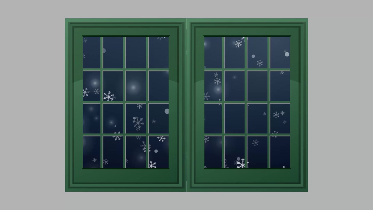 Stylized snowflakes drift past a green window frame against a dark blue night sky.