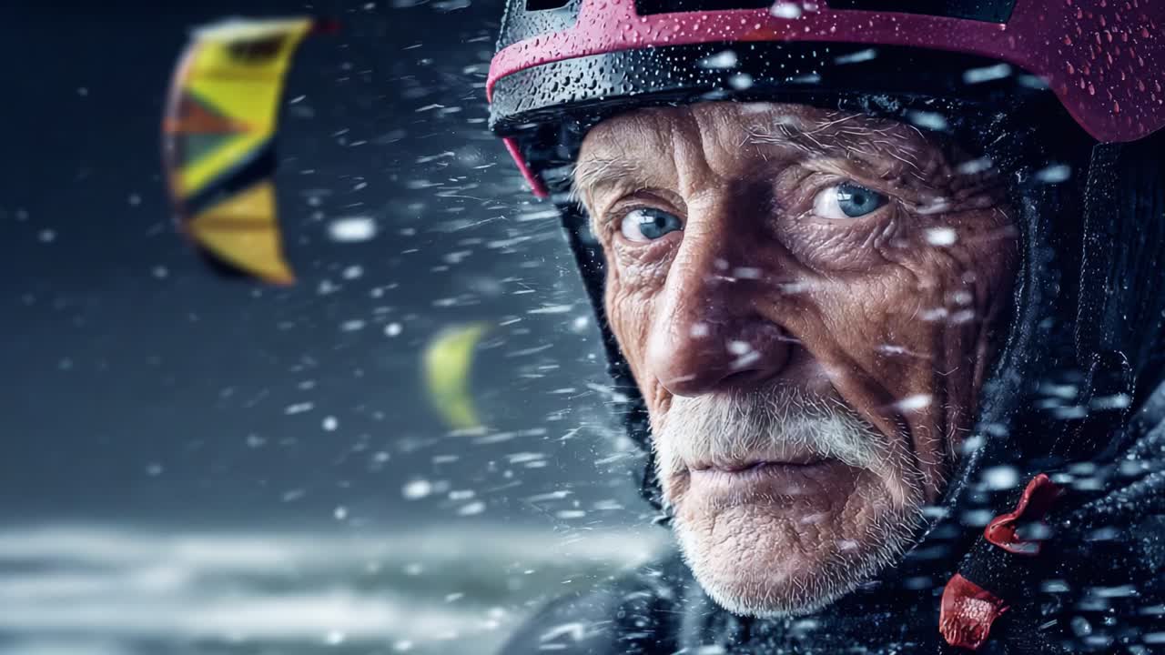 An Intense Portrait of an Experienced Kitesurfer Braving the Elements, Showcasing Determination and Resilience in Harsh Weather Conditions and Windy Waterscape