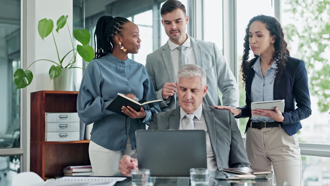 Business people, teamwork and planning on laptop