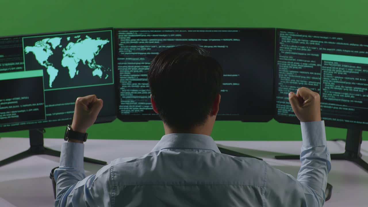 Back View Of Happy Asian Man Developer Celebrating While Write Code With Multiple Computer Screens In Green Screen Studio