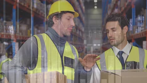 Statistical-data-processing-against-caucasian-male-supervisor-and-worker-discussing-at-warehouse