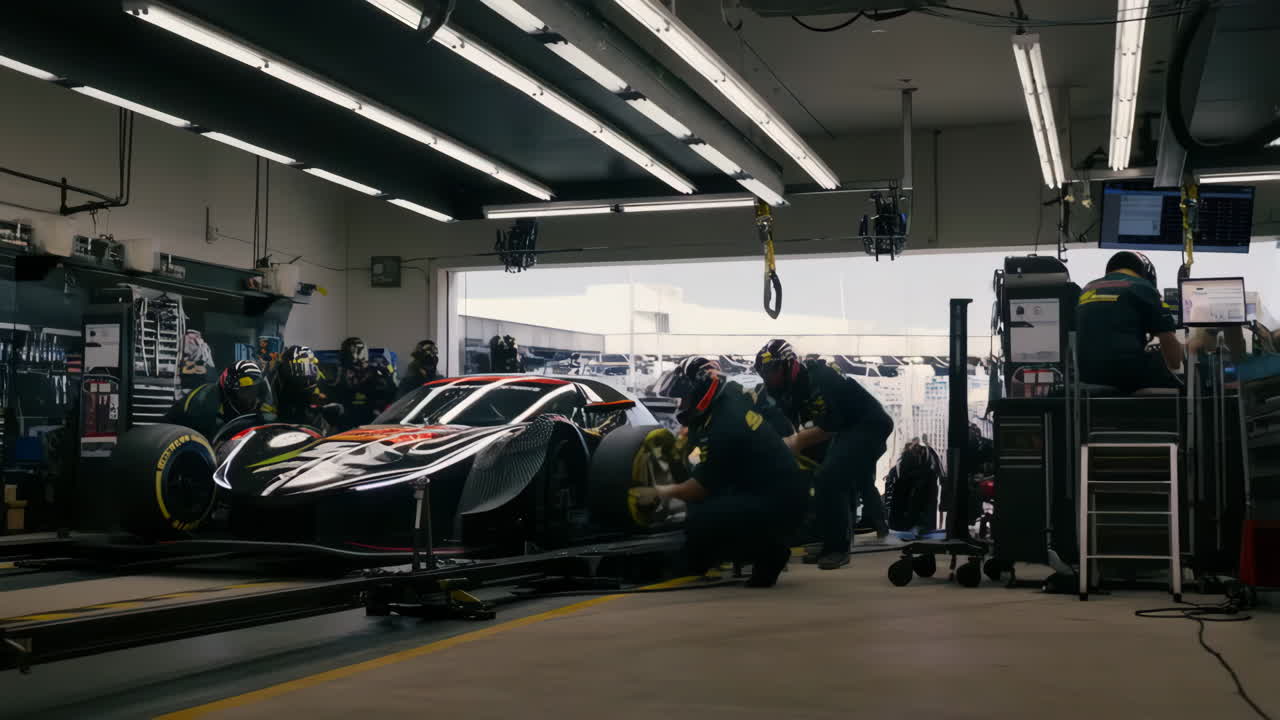 Pit Crew Working on a Race Car in the Garage