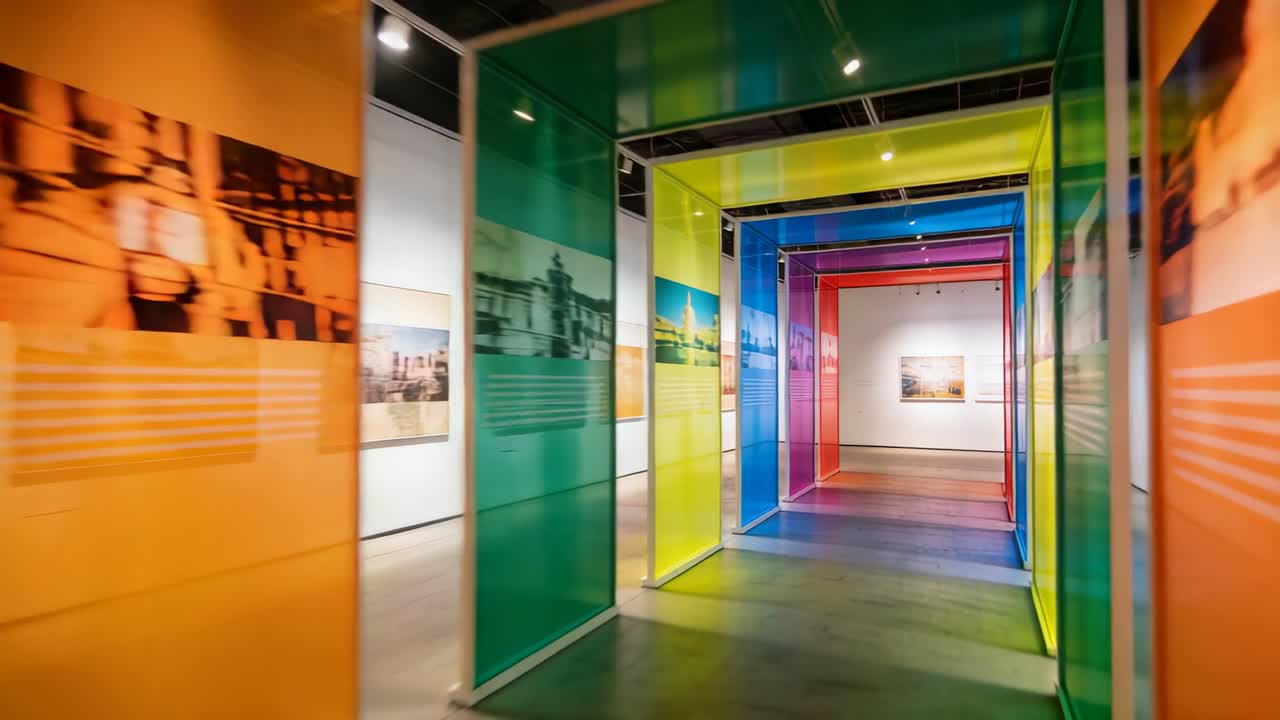 Câmera em movimento revelando um túnel de painéis translúcidos coloridos em uma galeria, focando em impressões emolduradas.