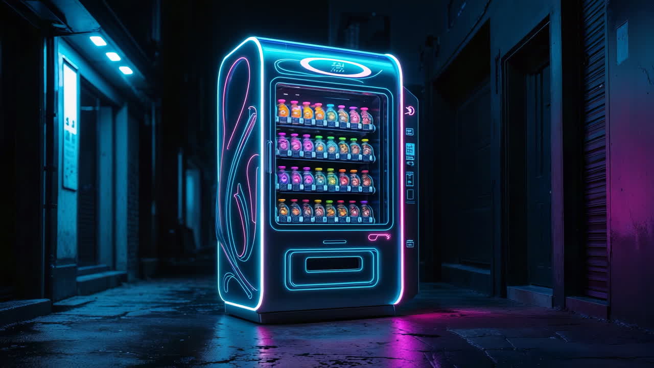 Futuristic Neon Vending Machine in a Dark Alley