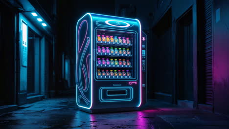 futuristic neon vending machine in a dark alley