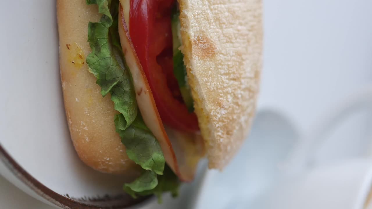 Close-up of a sandwich with ciabatta, tomato, cheese, and lettuce
