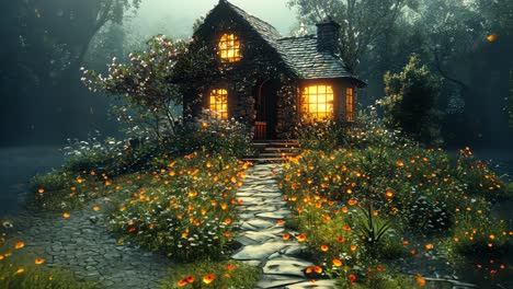 charming stone cottage surrounded by blooming flowers in a misty forest