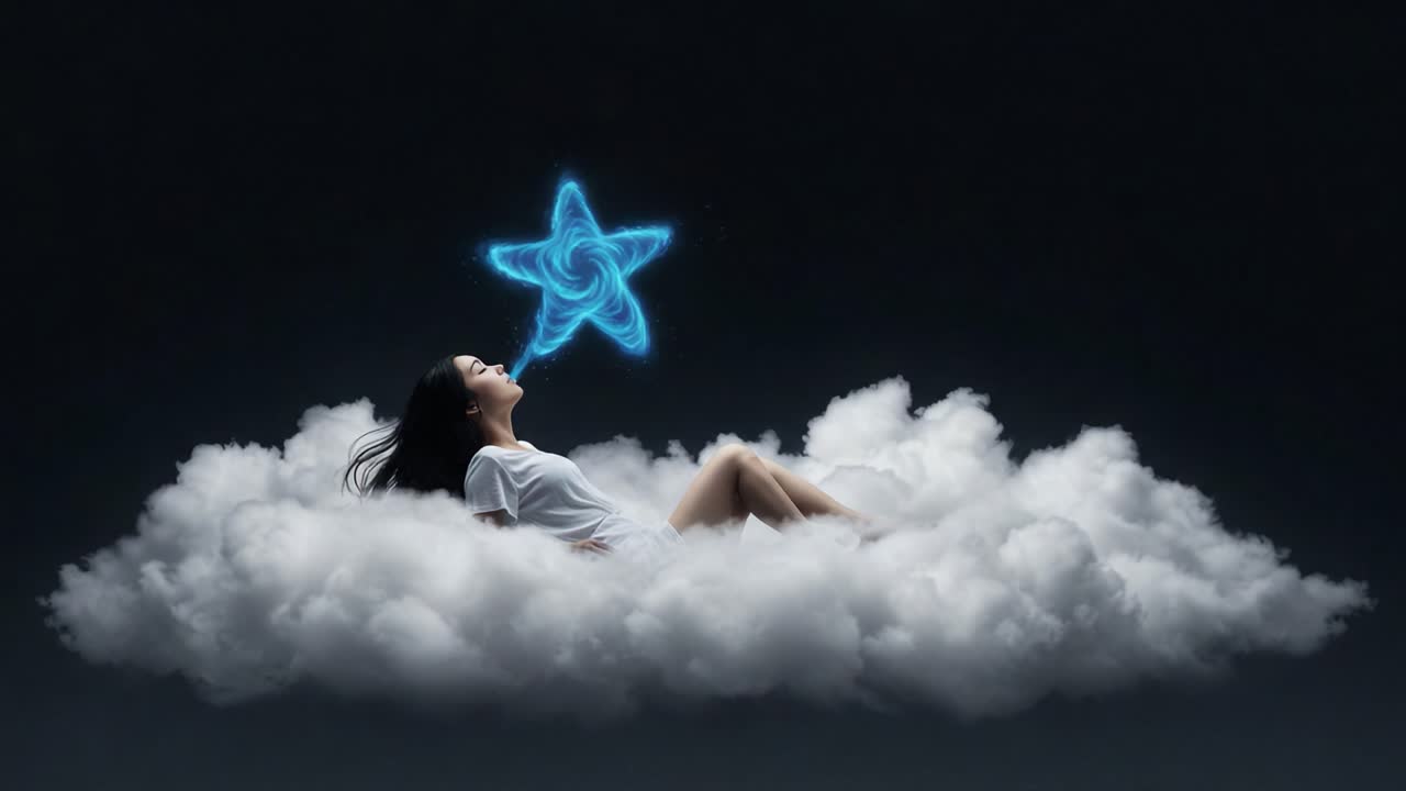 A Dreamy Escape in Clouds: The Enchanted Moment of Imagination Where a Dreamer Breathes Out Sparkling Stardust, Symbolizing Infinite Possibilities and Wonder