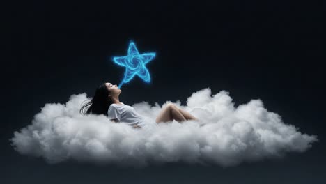a dreamy escape in clouds: the enchanted moment of imagination where a dreamer breathes out sparkling stardust, symbolizing infinite possibilities and wonder