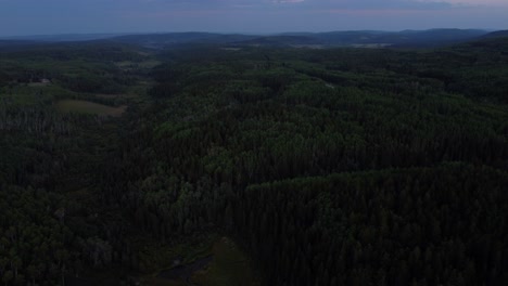 Toma-Aérea-Del-Interminable-Bosque-Canadiense-Durante-La-Puesta-De-Sol-En-Verano