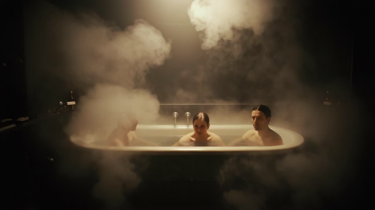 A Serene Bathing Experience: Three Individuals Immersed in a Steamy Bathtub, Surrounded by Ethereal Fog that Creates an Atmosphere of Intimacy and Calmness