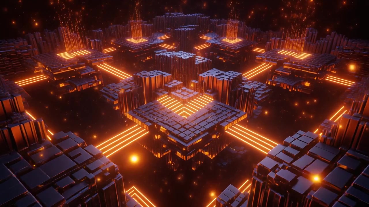 Abstract Digital Cityscape with Glowing Orange Data Streams