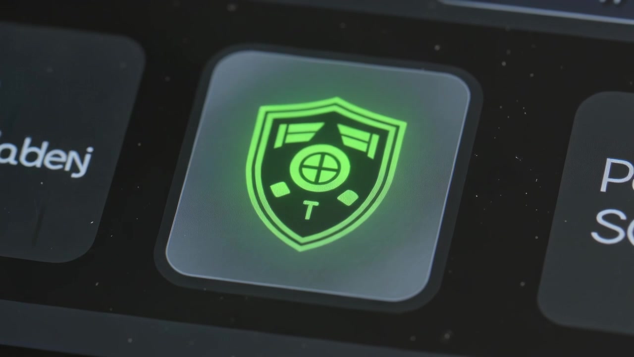 Pollice adulto che si avvicina e preme un tasto della tastiera sulla scrivania, illuminando un emblema a scudo e una marcatura a T di colore verde.