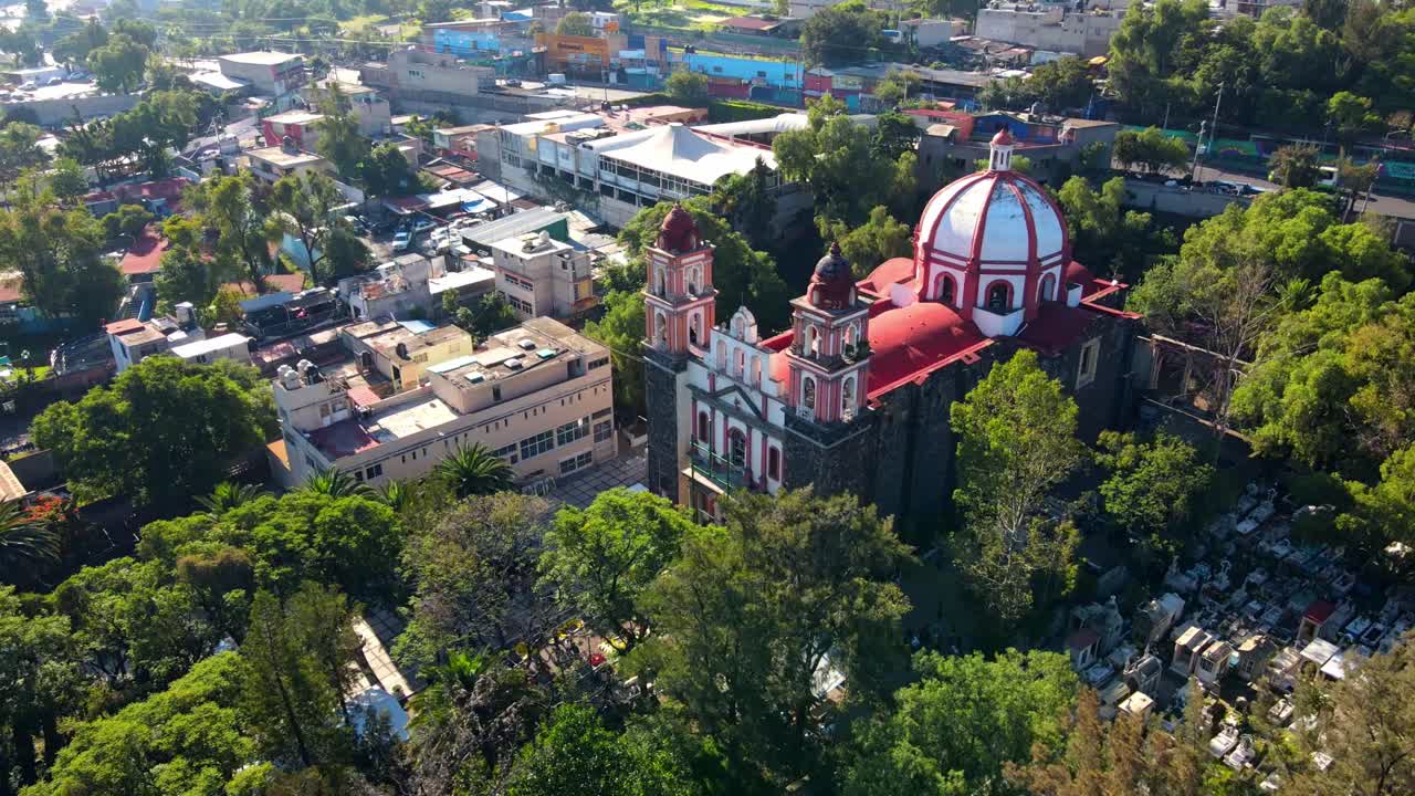 Aerial orbit of Iztapalapa Cathedral, Se&ntilde;or de la Cuevita in CDMX, Mexico - atrium full of greenery
